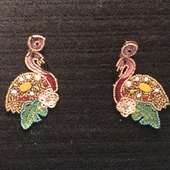 Flamingo Earrings Jewelry Floral Palm Beaded Handmade Dangle Bird Earring - Picture 3 of 5